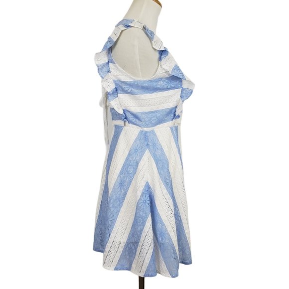 J.O.A. Ruffle Sleeve Lace Back Stripe Lace Dress M - Picture 5 of 11